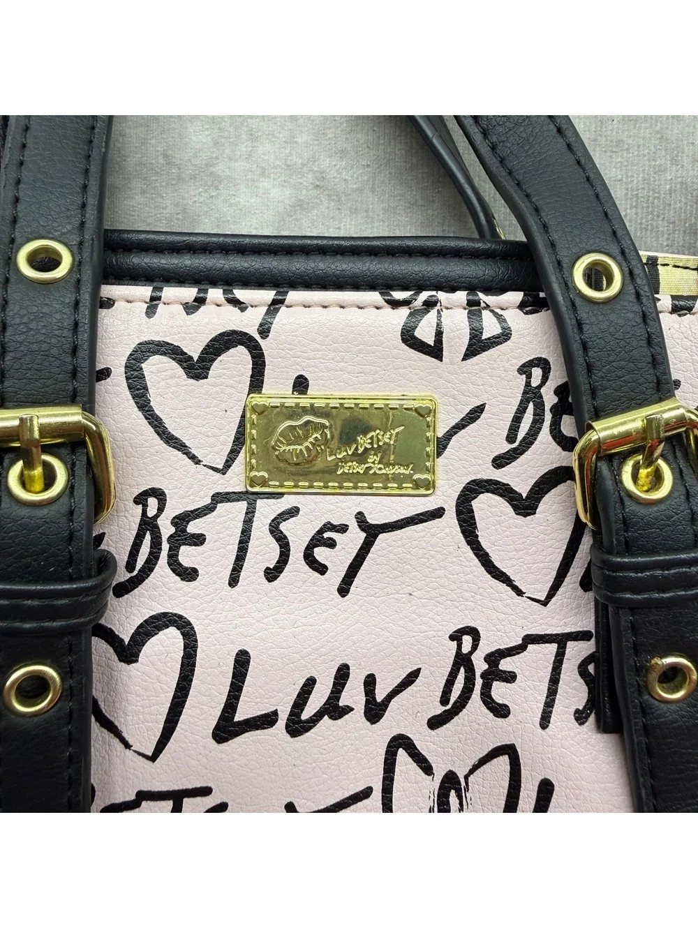 Luv Betsey Johnson Pink Black Graffiti Heart Stripe Mini Satchel Tote Bag